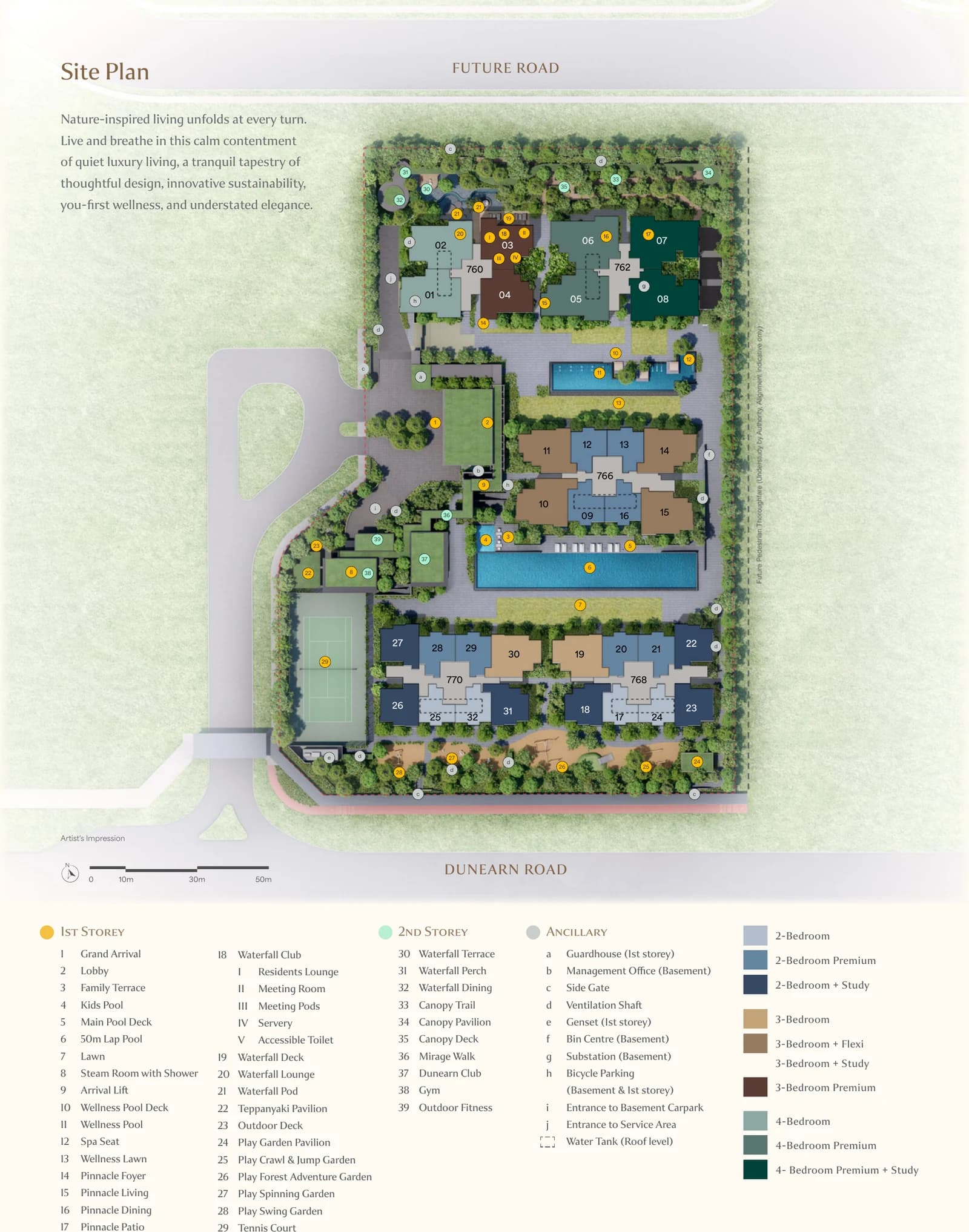 Dunearn House site plan — facilities masterplan across blocks 760 to 770 Dunearn Road, with the 50m lap pool, Dunearn Club, tennis court and landscaped gardens